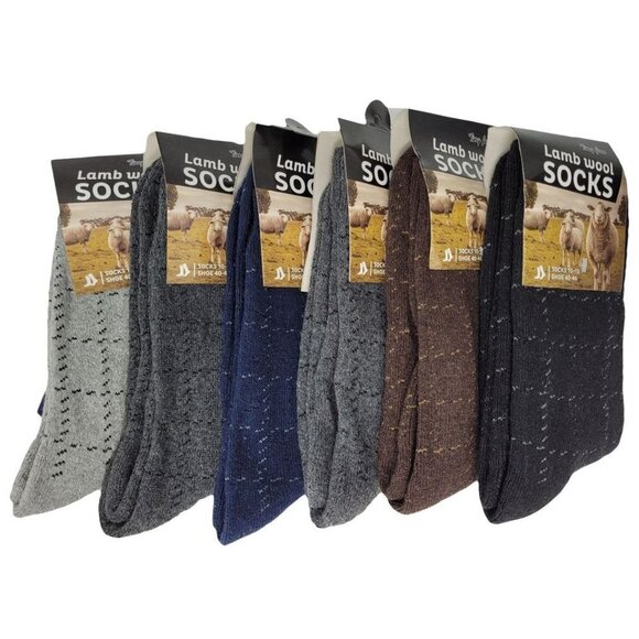 Men's Lamb Wool Crew Socks,  Warm Winter Heavy Duty, Squares Pattern, 3 Pairs - Picture 1 of 1